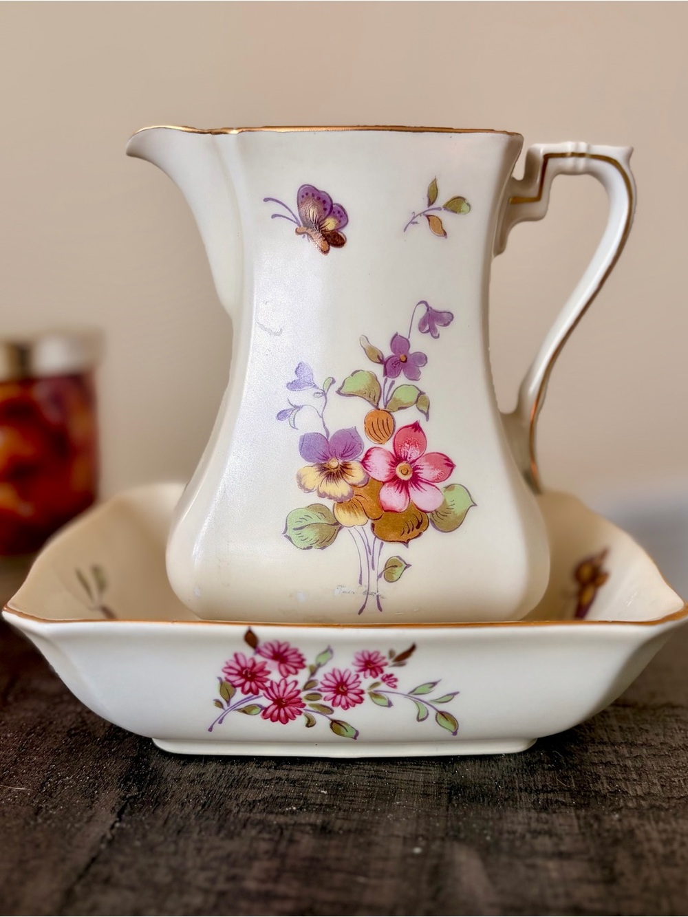 Vintage Lefton Floral Butterfly Pitcher + Tray Accent Set Oriental